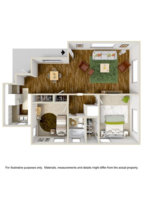 Floor plan for 2 beds, 1 bath, 837 sqft